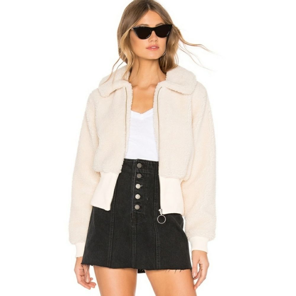 Lovers + Friends Coco Shearling Zip Up Bomber Jacket Women's Size XS Ivory